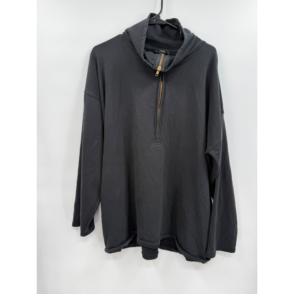 J.Crew XL Quarter Zip Pullover Womens Black Oversized Cotton Sweatshirt Gold Zip